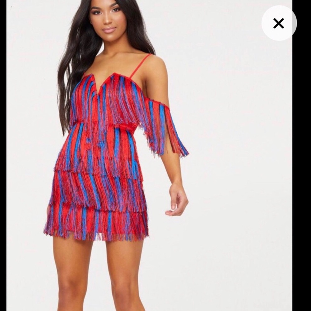 Red and blue fringe dress